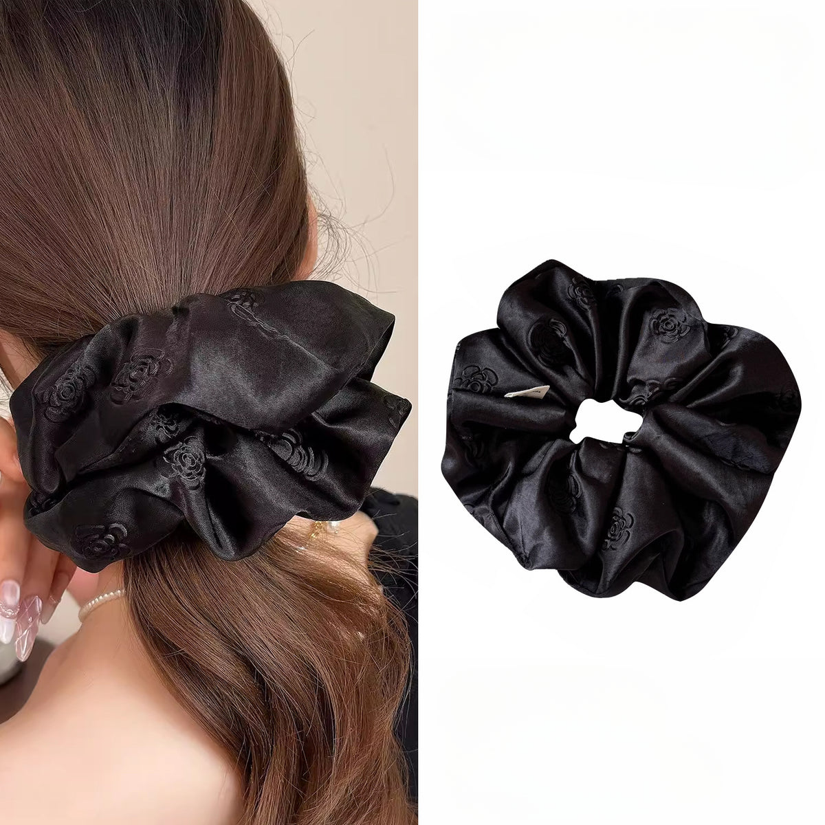 E廠-高級感純色輕奢立體壓花緞面大腸髮圈女慵懶風簡約百搭扎頭髮皮筋「27104」25.06-4