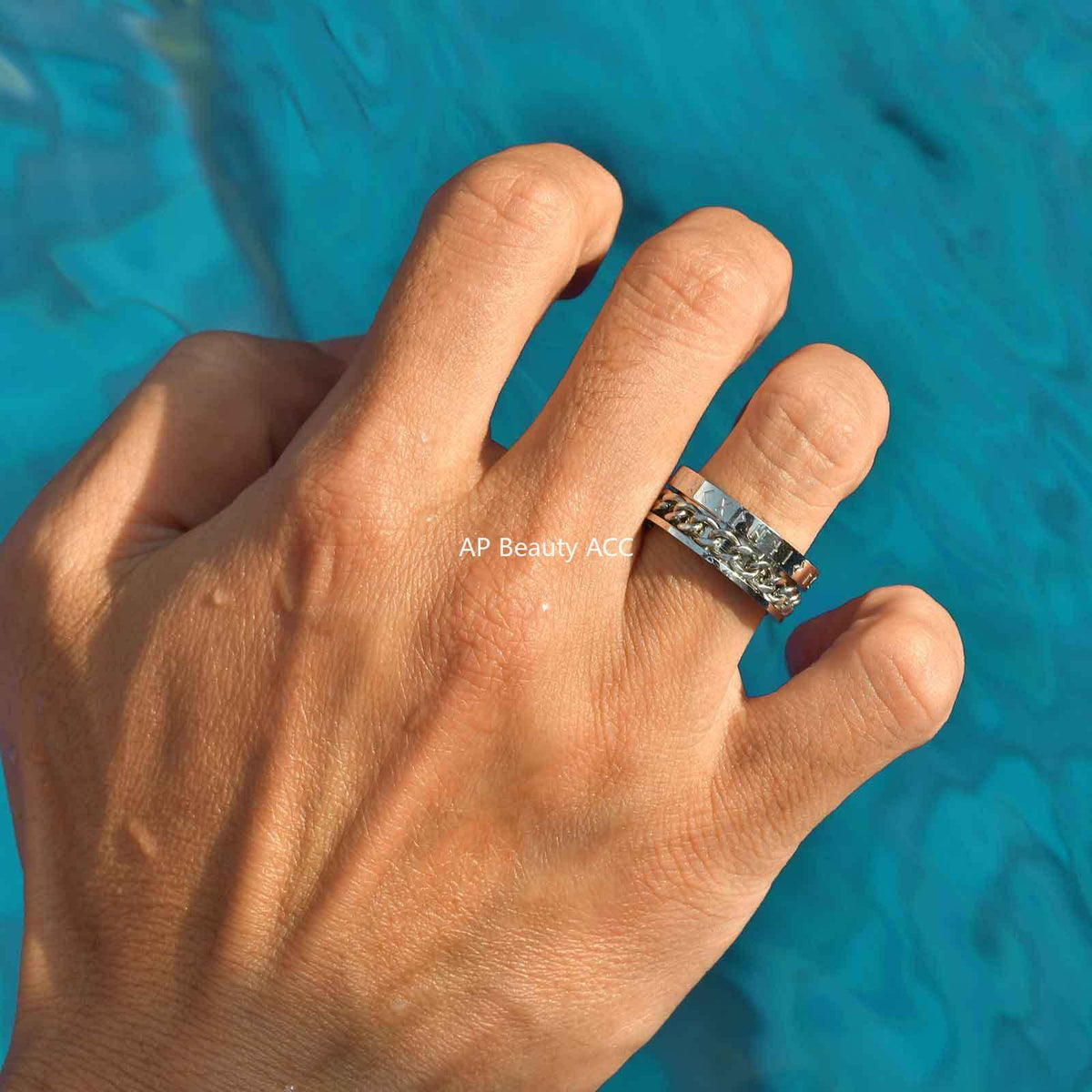 G廠-歐美時尚新款不鏽鋼維京盧恩文鏈條可轉動戒指金色「R-651」25.10-5