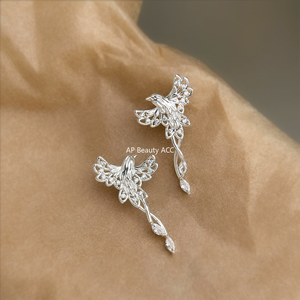 A廠-原創鳳舞~微鑲鋯石925銀針鍍厚銀鳳凰鳥耳環女輕奢風個性小眾耳飾「6854」25.10-3