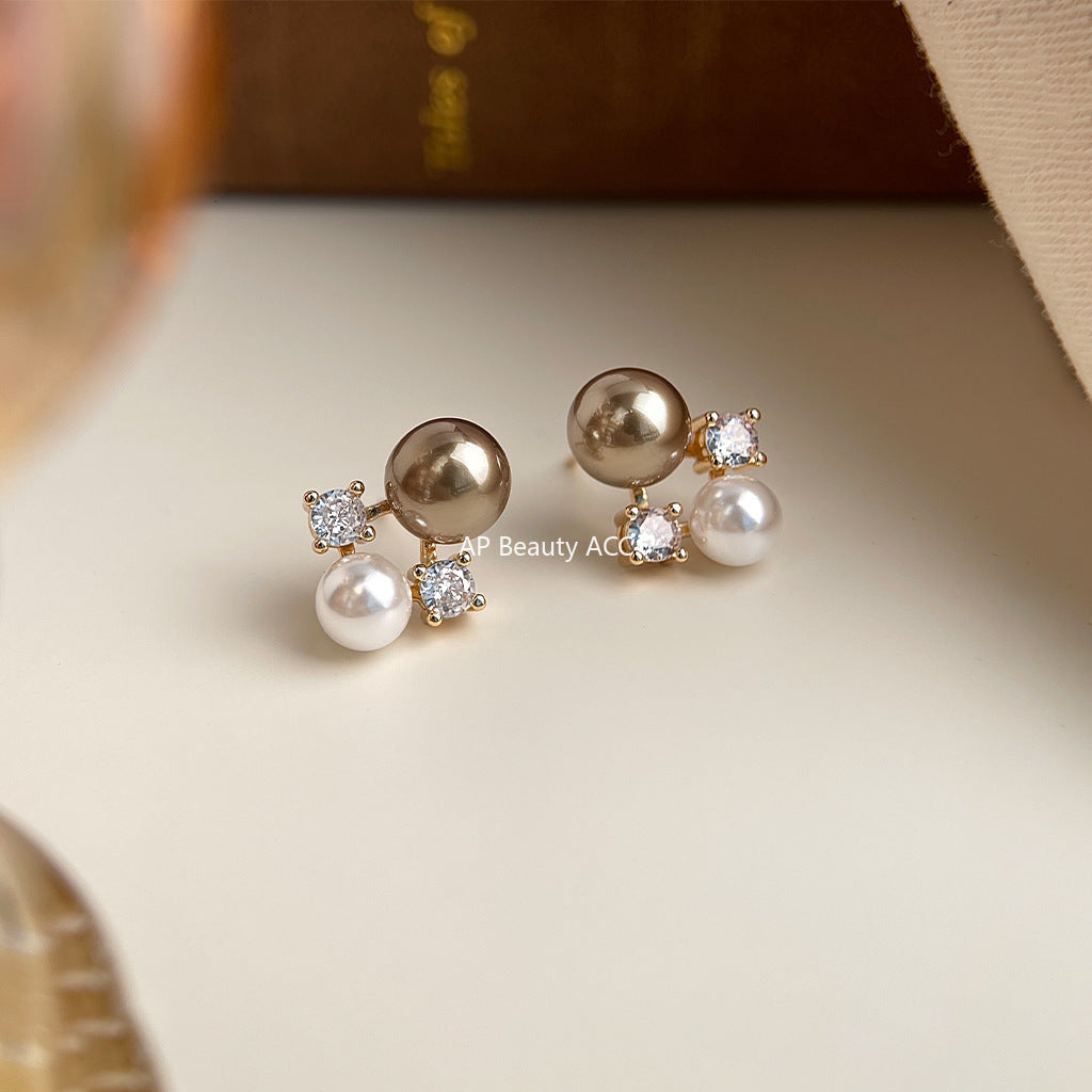 A廠-秋冬爆款咖啡珍珠美拉德風微鑲鋯石925銀針鍍14K珍珠耳環工廠耳飾「6925」25.10-3