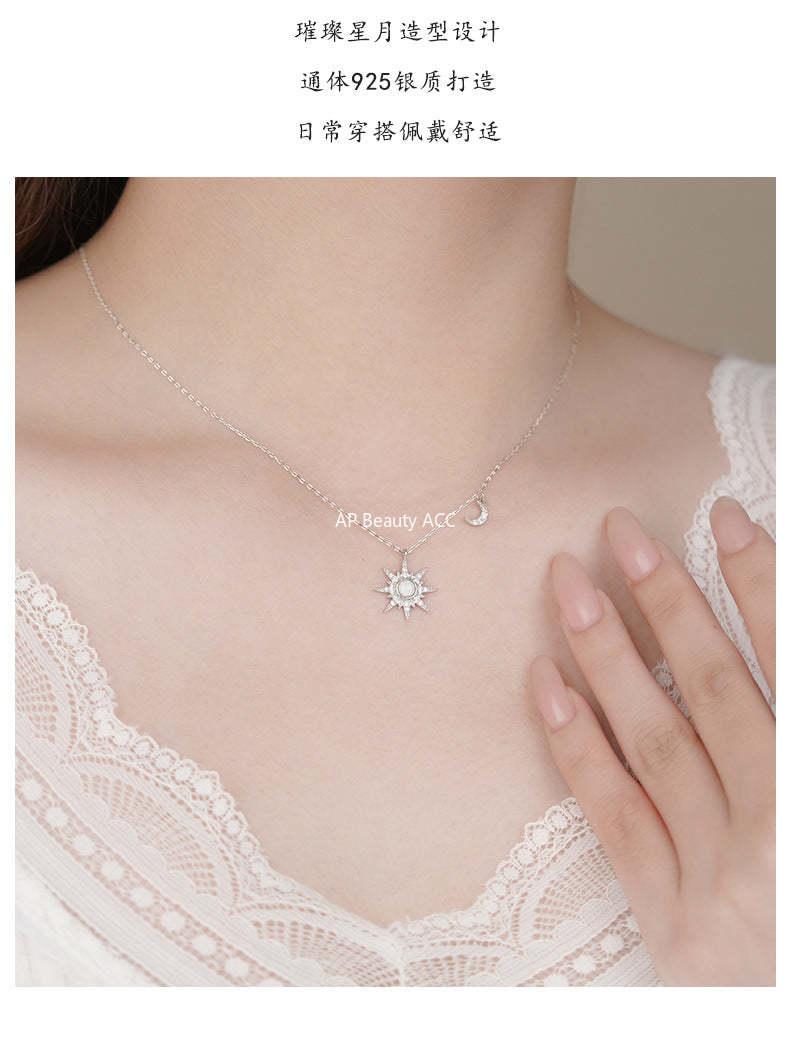 D廠-S925純銀八芒星月亮項鍊炫彩夢幻復古歐美精緻小眾鎖骨鏈批發「YC1445N_1」25.10-5