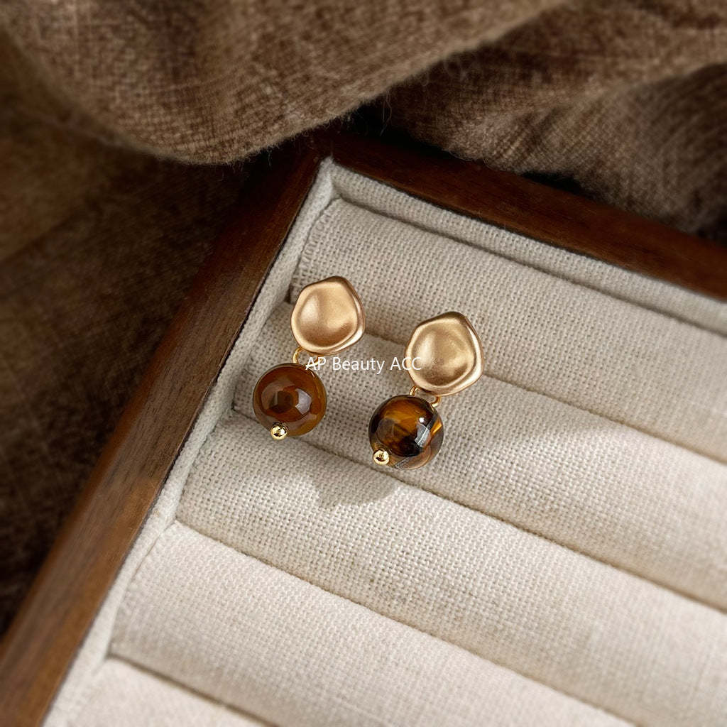 A廠-文藝復古天然石虎眼石925銀針時尚高級感簡約圓形幾何耳飾 耳環女「6994」25.10-5