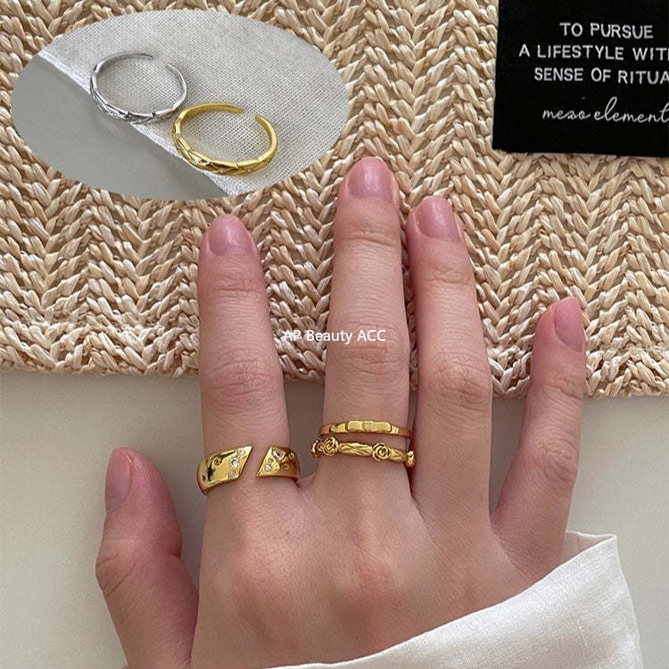 C廠-小眾高級感菱格紋純銀鋯石戒指輕奢冷淡風時尚氣質玫瑰花森系指環「JZ-0712」25.10-5