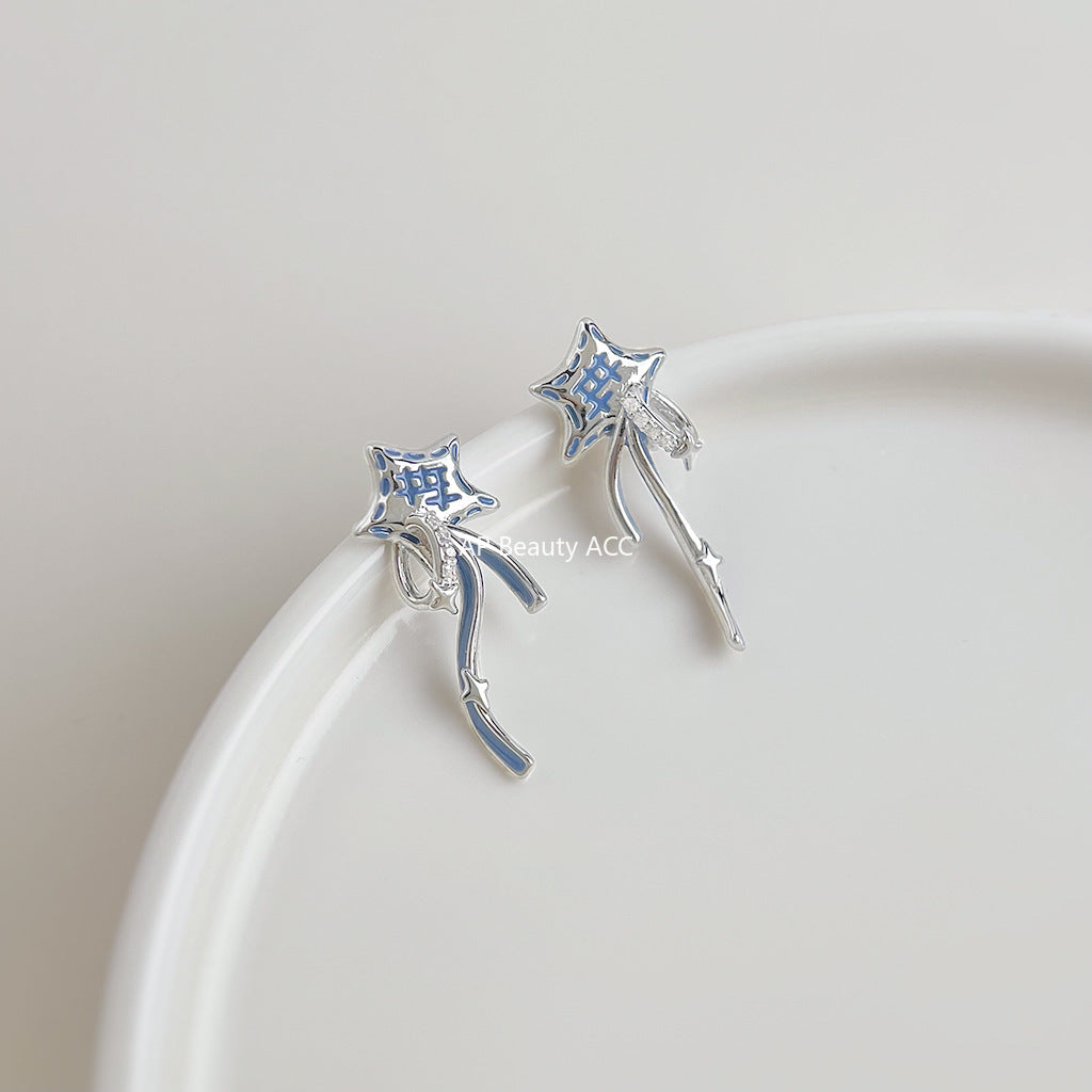 A廠-原創個性許願星甜酷風新款925銀針微鑲鋯石彩繪藍色耳飾耳環「6868」25.10-1