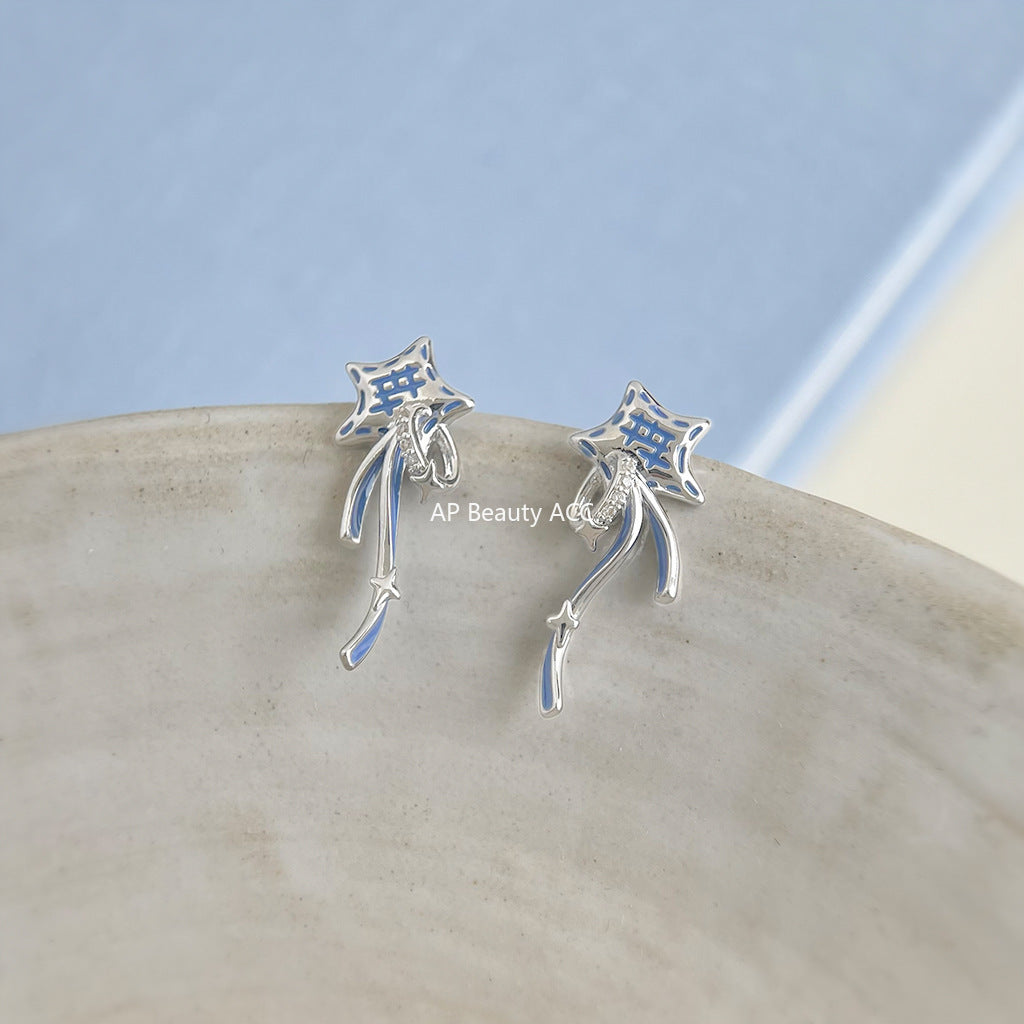 A廠-原創個性許願星甜酷風新款925銀針微鑲鋯石彩繪藍色耳飾耳環「6868」25.10-1