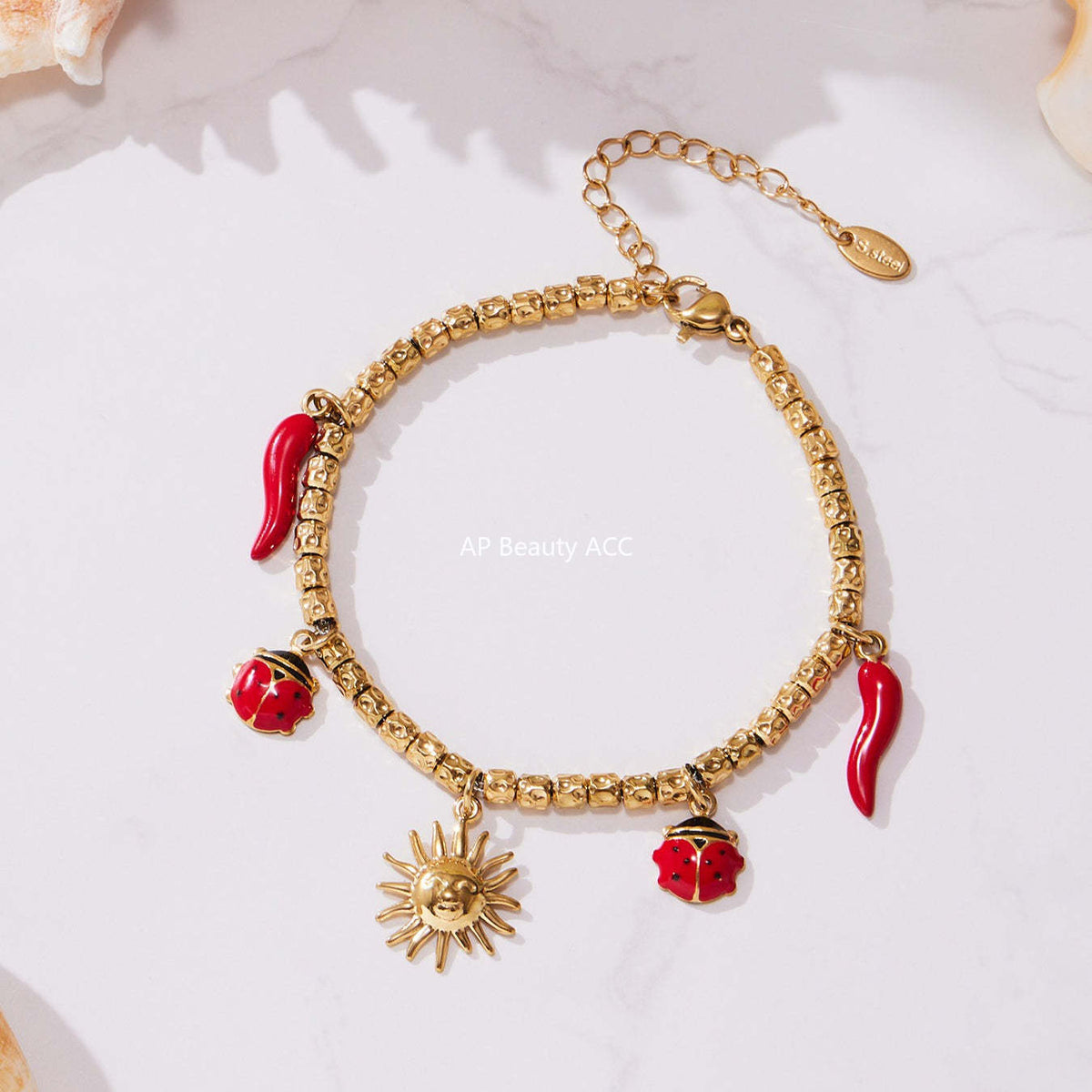 B廠-跨境新款不鏽鋼小辣椒太陽多配件壓紋鋼珠手鍊組合鍍18k金「E699-E700」25.10-5