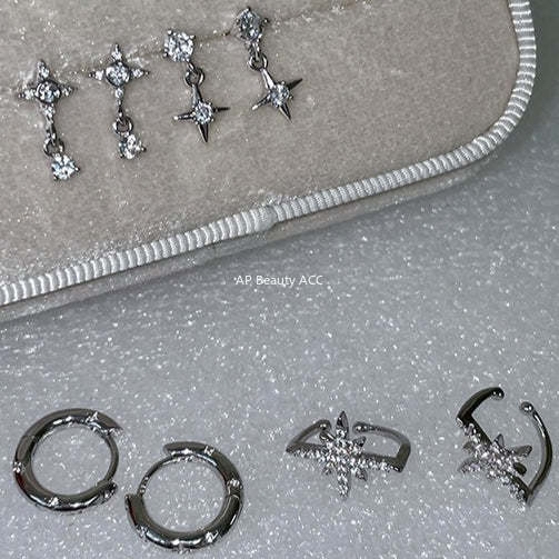 C廠-925銀針四芒星耳環女小眾設計百搭鋯石耳圈高級感個性疊戴風耳飾「EH-3972」25.10-5