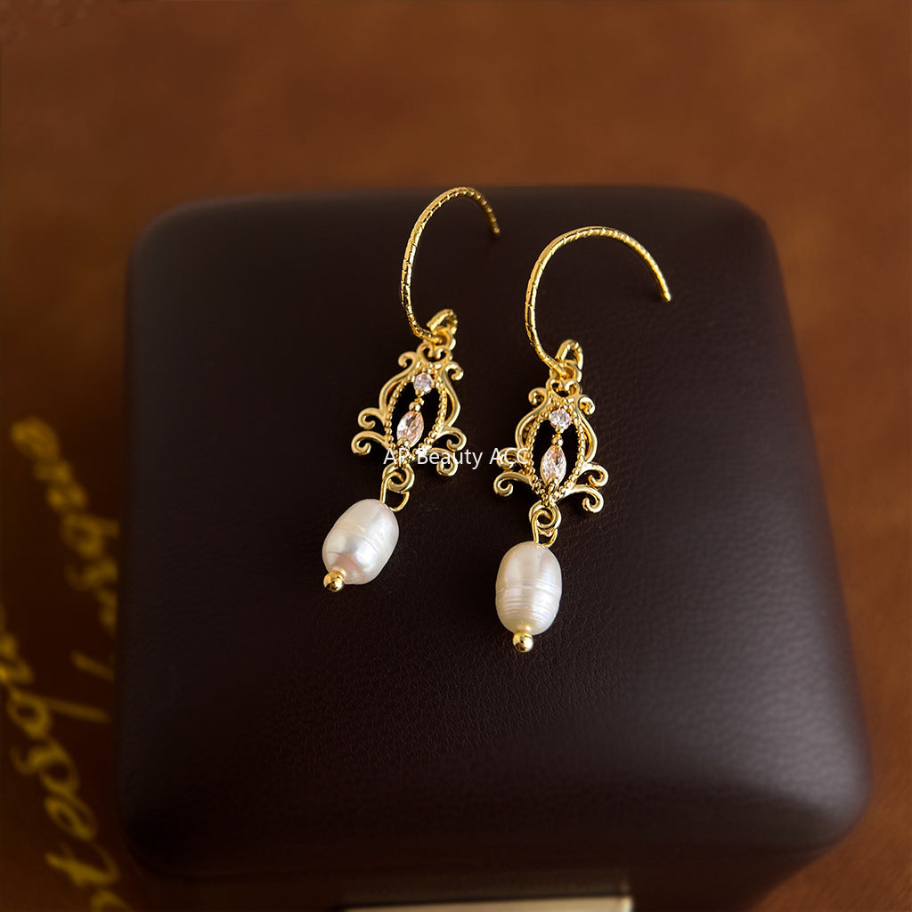 A廠-淡水珍珠微鑲鋯石文藝復古宮廷風新款鏤空法式耳環新款耳飾「6893」25.10-2