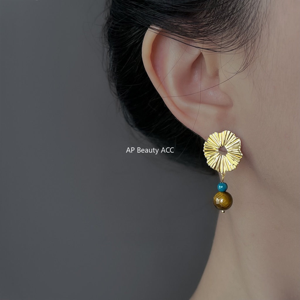 A廠-文藝復古時尚高級感天然石虎眼石小眾設計個性新款耳環「6873」25.10-1