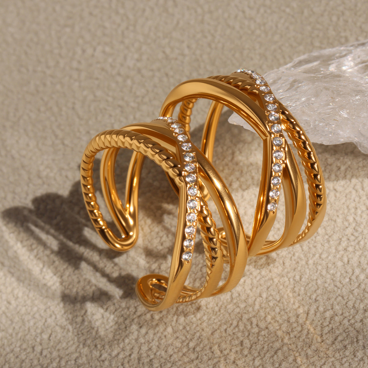 B廠-5A鋯石超細三層戒指不鏽鋼真空電鍍18K真金開口可調節飾品「A035-A043」25.04-4