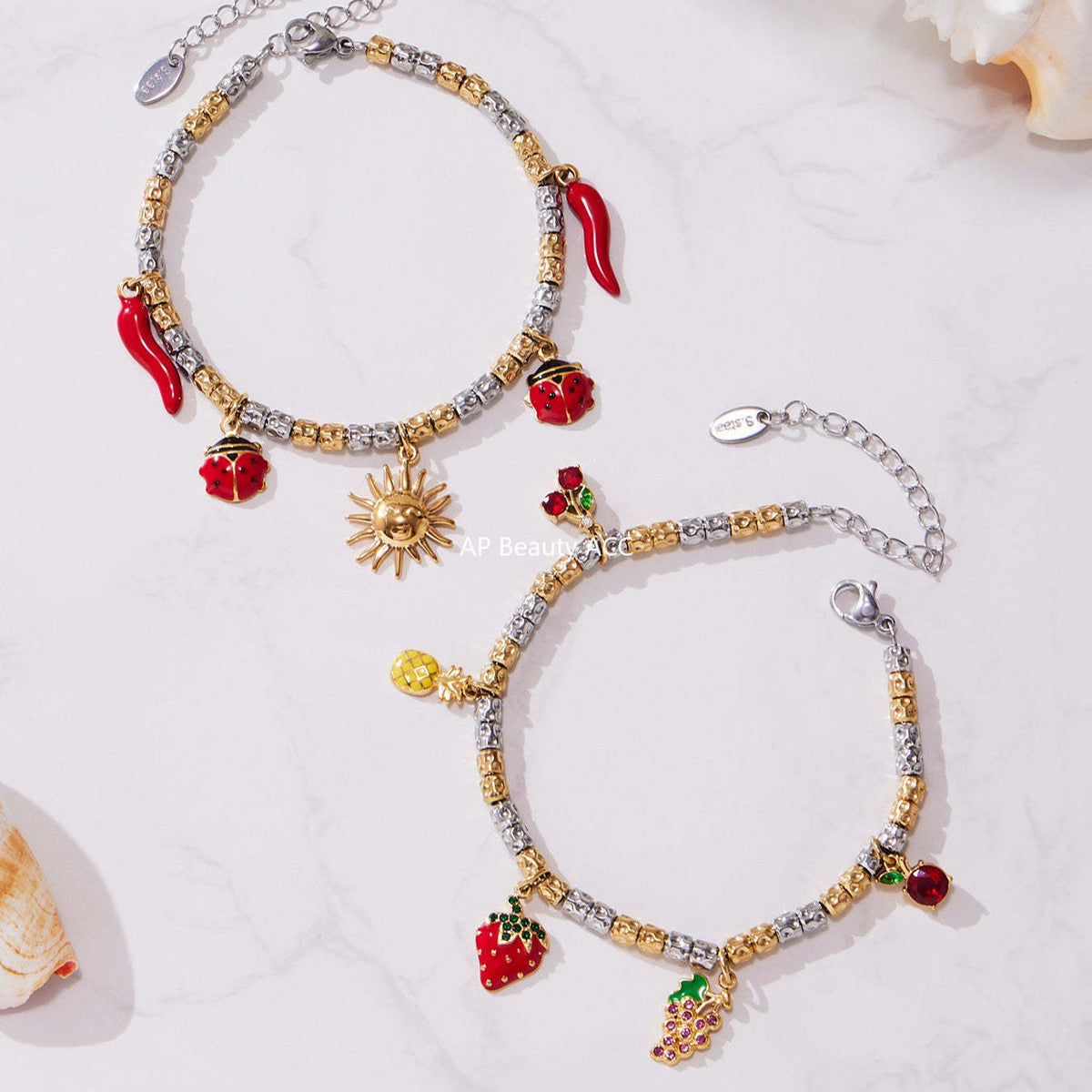 B廠-跨境新款不鏽鋼小辣椒太陽多配件壓紋鋼珠手鍊組合鍍18k金「E699-E700」25.10-5