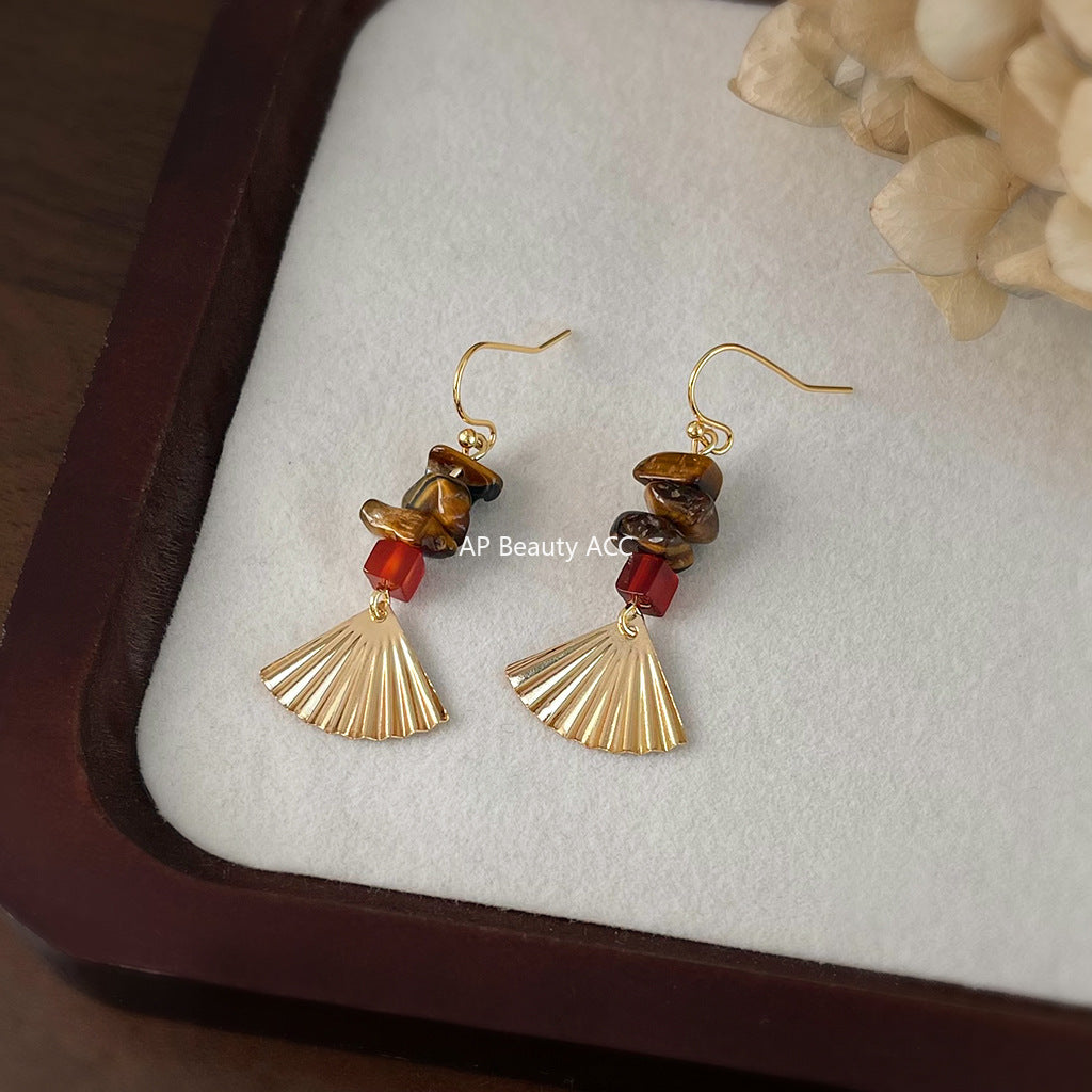 A廠-文藝復古天然石虎眼石手工藝設計感新款扇子耳飾工廠耳環女「6862」25.10-1