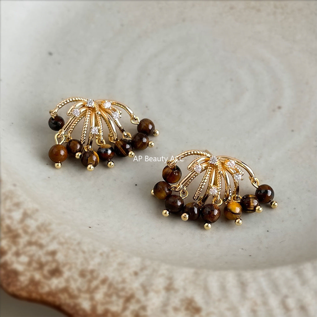 A廠-美拉德風虎眼石微鑲鋯石925銀針煙火流蘇天然石耳飾工廠耳環 飾品「6906」25.10-2