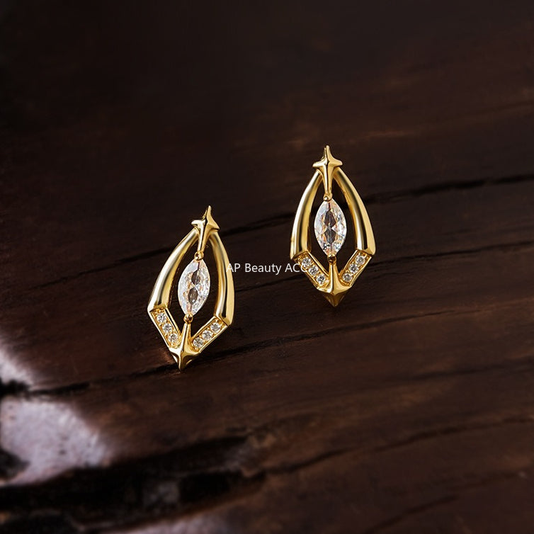 A廠-時尚高級感微鑲鋯石925銀針輕奢風芒星幾何新款耳飾耳環「6912」25.10-2