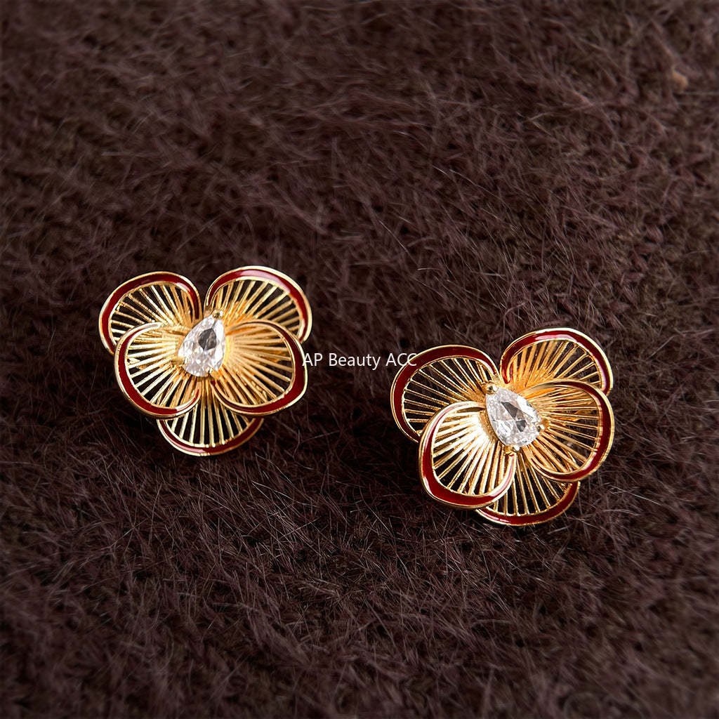 A廠-時尚高級感爆款酒紅色滴釉鑲嵌鋯石立體大花朵耳飾S925銀針耳環女「6982」25.10-5