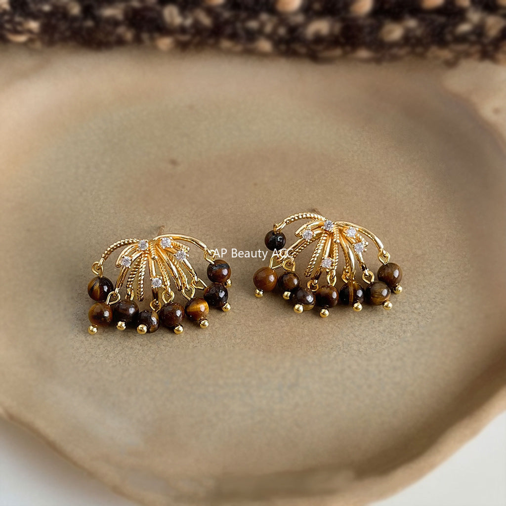 A廠-美拉德風虎眼石微鑲鋯石925銀針煙火流蘇天然石耳飾工廠耳環 飾品「6906」25.10-2