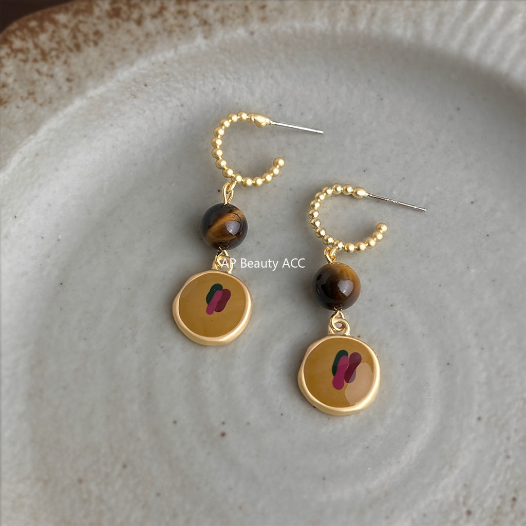 A廠-油畫風文藝復古天然石虎眼石琺瑯滴釉彩繪幾何長耳飾秋冬耳環女「6872」25.10-1