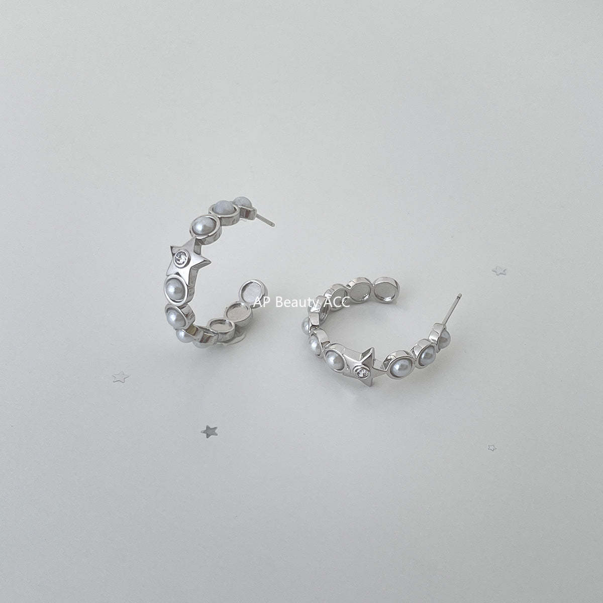 C廠-小香風珍珠耳圈女輕奢ins甜美百搭星星鋯石銀針耳環高級感新耳飾「EH-4113」25.10-5