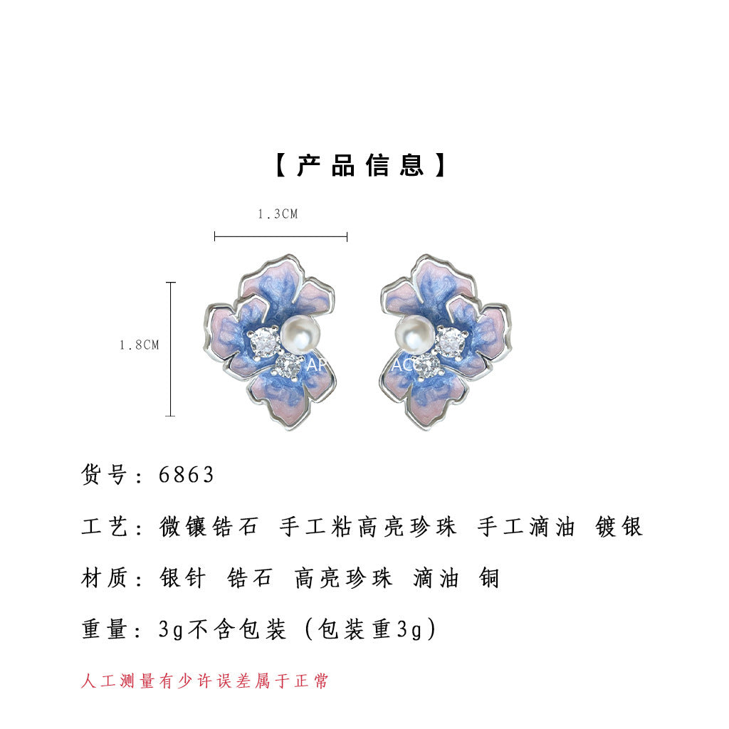 A廠-【鳶尾花系列】~原創925銀針微鑲鋯石琺瑯滴釉彩繪花朵耳環耳飾女「6863」25.10-1