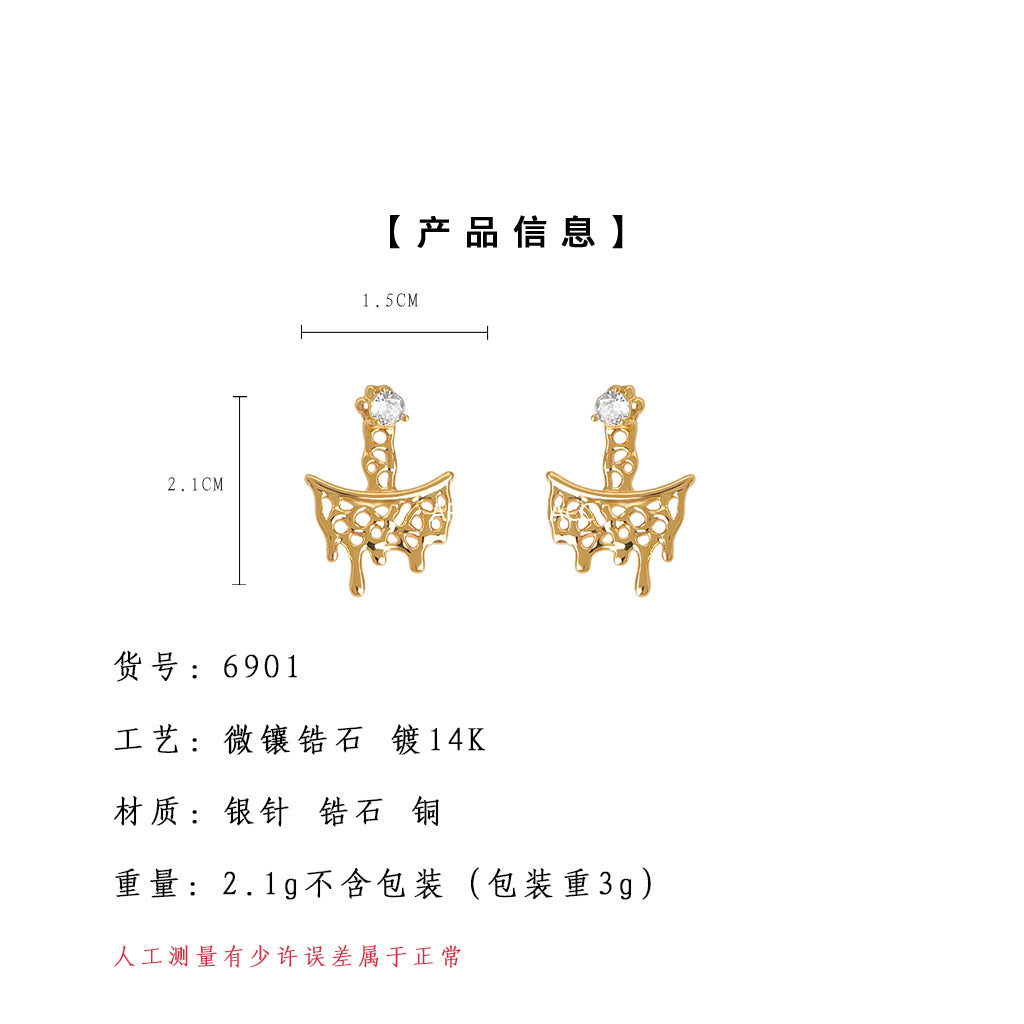 A廠-原廠前後戴~液態鏤空熔化熔點個性設計師新鋯石925銀針耳飾耳環「6901」25.10-2