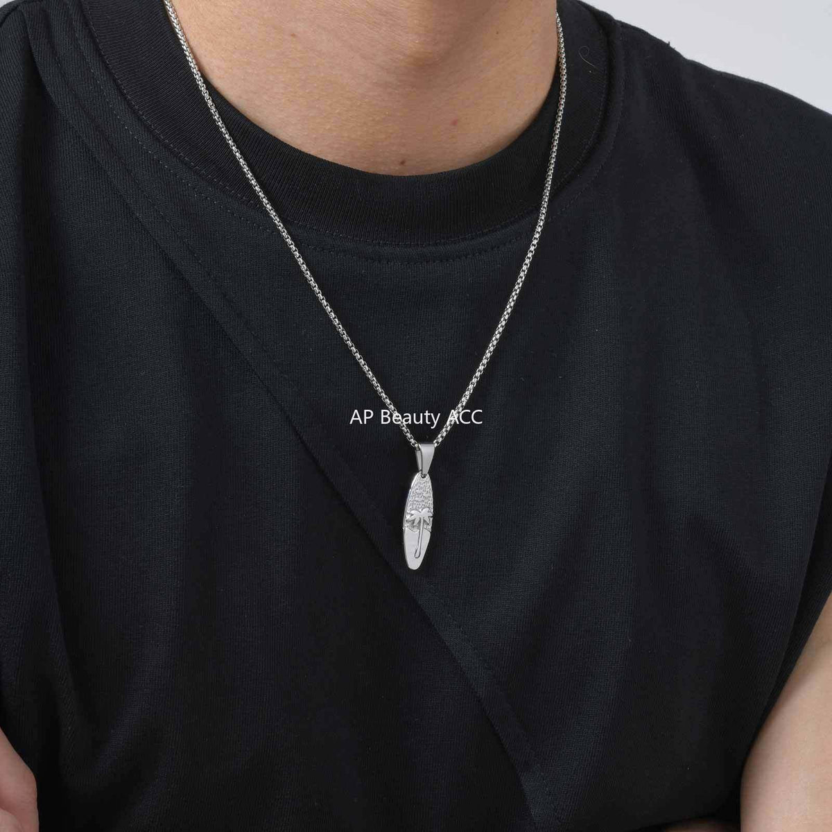 G廠-男士休閒度假風不鏽鋼橢圓椰樹吊墜項鍊 歐美時尚飾品批發「PN-2159」25.10-5