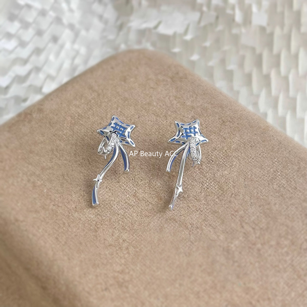 A廠-原創個性許願星甜酷風新款925銀針微鑲鋯石彩繪藍色耳飾耳環「6868」25.10-1