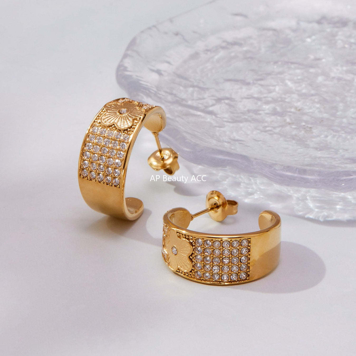 B廠-新款中古風滿鑽C型花點鋯石耳環不鏽鋼鍍18k金跨境珠寶首飾「F954-F983」25.10-5