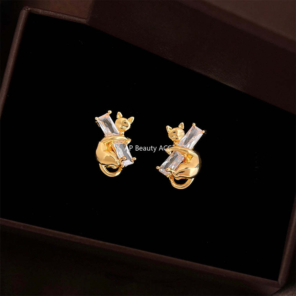 A廠-原創貓咪鑲嵌鋯石925銀針耳環高級感個性小眾ins設計師耳飾耳釘「6991」25.10-5