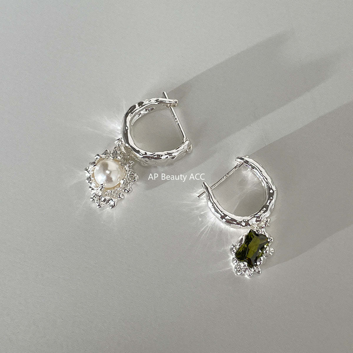 C廠-新中式墨綠鋯石銀針耳環小香風高級感不對稱珍珠耳扣輕奢氣質耳飾「EH-4120」25.10-5