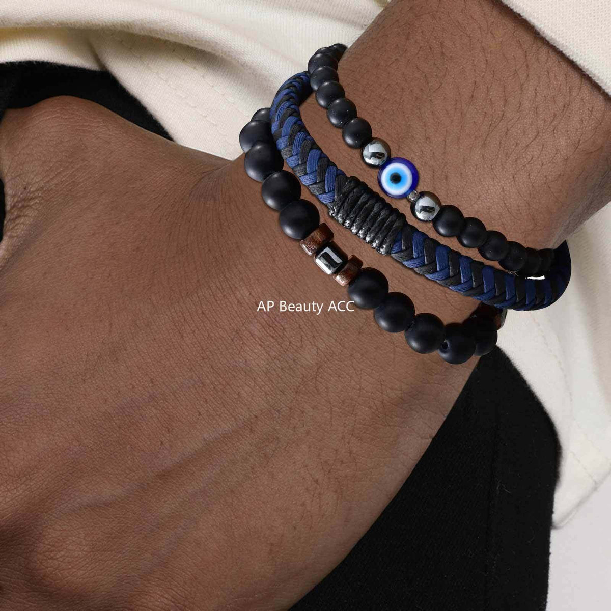 G廠-惡魔之眼黑瑪瑙串珠PU皮火山石串珠十字架三件套疊戴手鍊「BR-2751」25.10-5