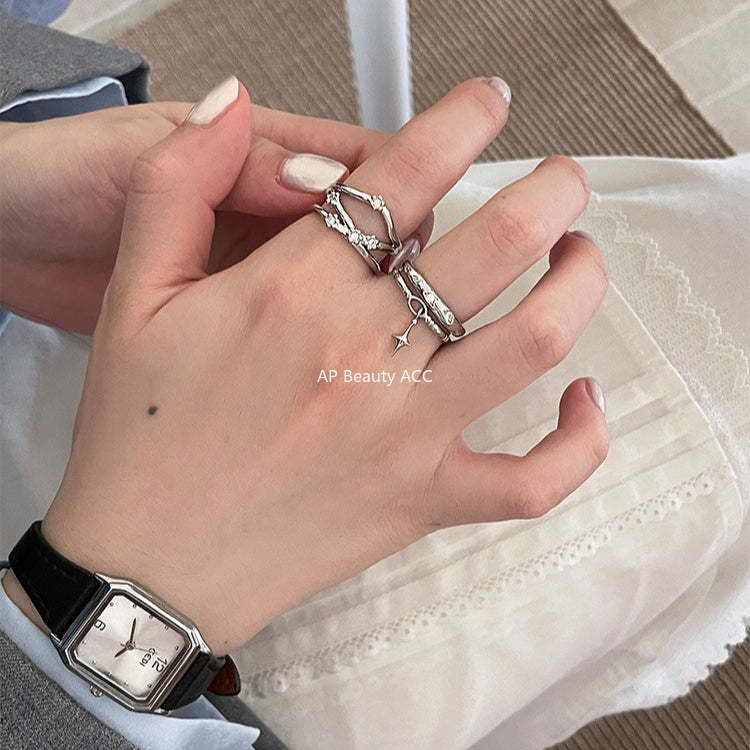 C廠-時尚個性冷淡風星星吊墜純銀戒指女小眾輕奢疊戴風多層鋯石食指戒「JZ-0720」25.10-5