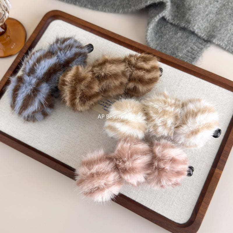 E廠-韓系虎斑豹紋毛絨香蕉夾毛絨絨竪夾高級感盤髮夾馬尾竪夾半扎髮抓「27619」25.10-5