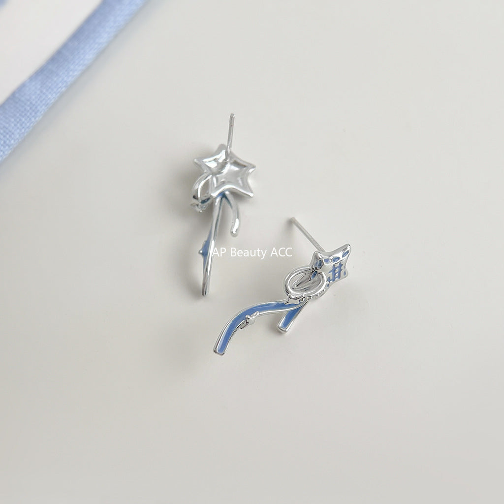 A廠-原創個性許願星甜酷風新款925銀針微鑲鋯石彩繪藍色耳飾耳環「6868」25.10-1