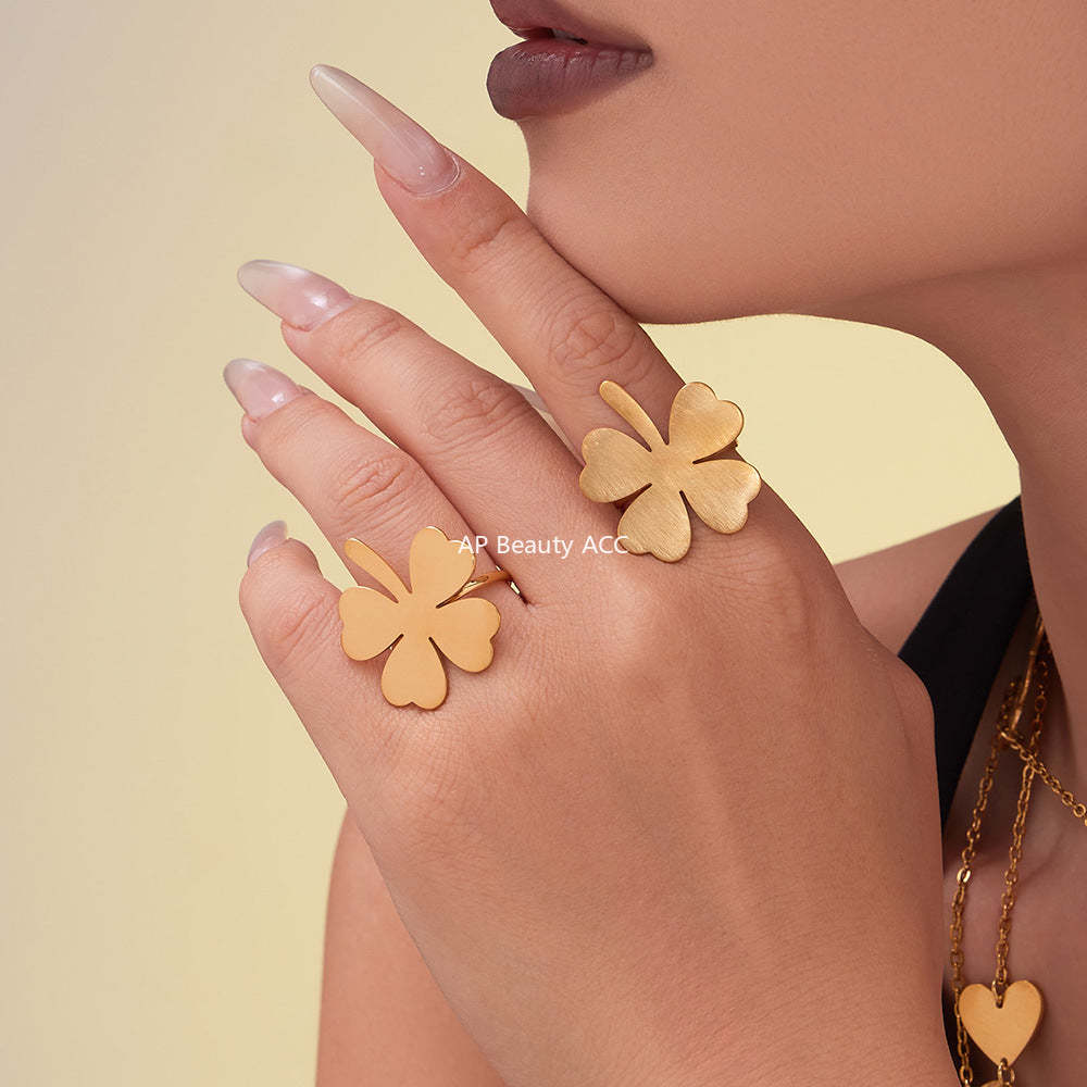 B廠-不鏽鋼愛心四葉草耳環戒指毛衣鏈飾品套裝鍍18k真金不掉色「TXP463」25.10-5