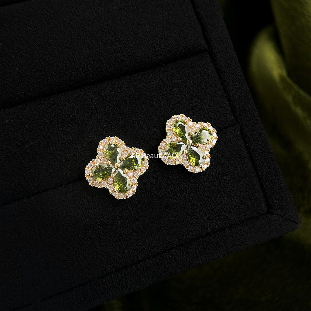 A廠-高級感微鑲鋯石橄欖綠925銀針時尚通勤日常新款百搭耳釘「6829」25.10-1