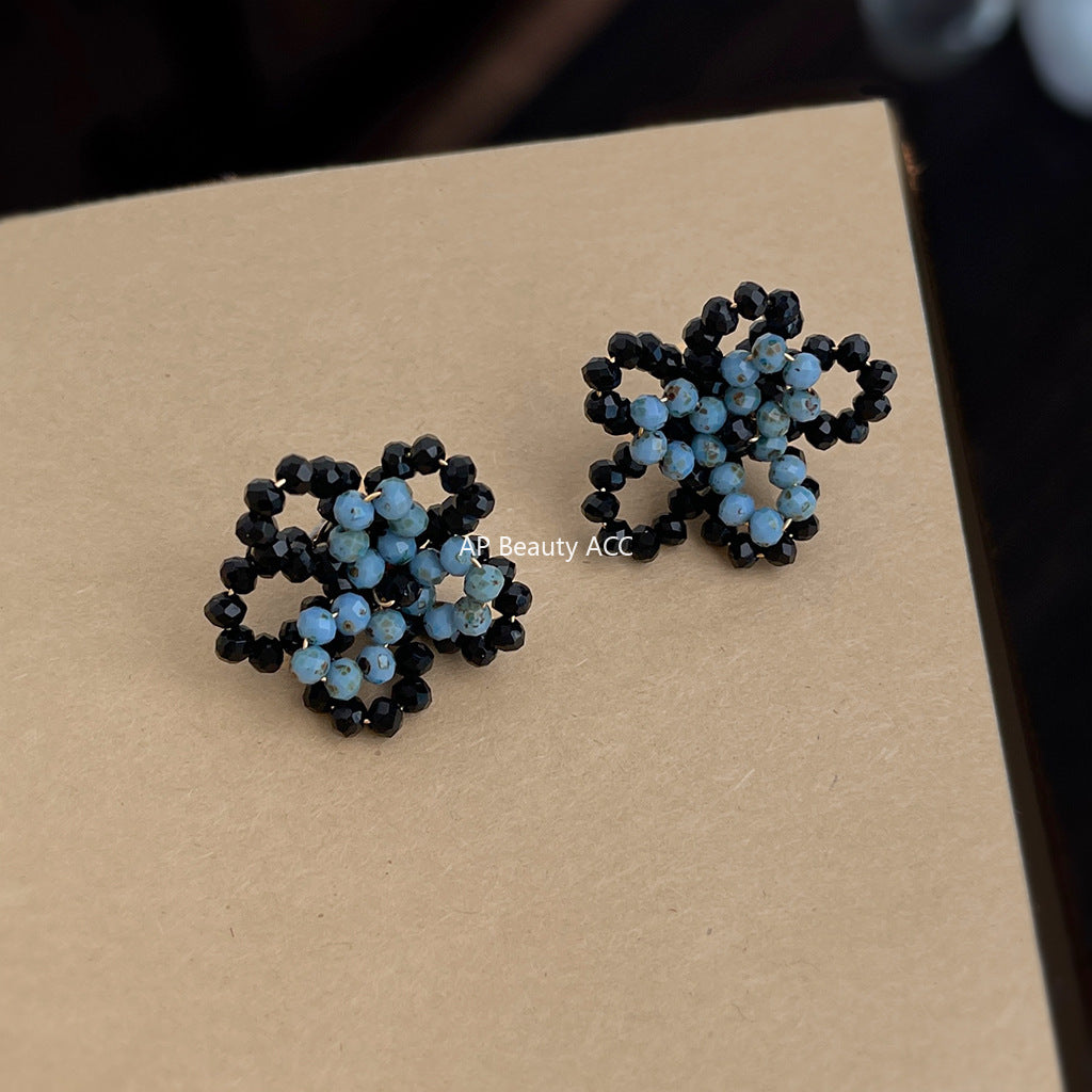 A廠-原創設計秋冬霧霾藍手工編織花朵耳環高級感小眾設計新款耳飾「6861」25.10-1