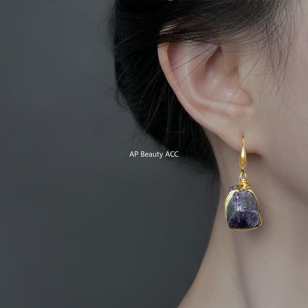 A廠-紫晶石天然石碎石耳環清冷感時尚高級感新中式手工耳飾「6892」25.10-2