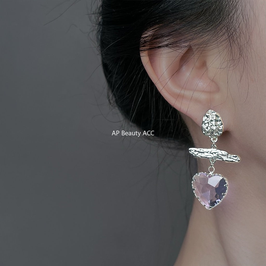 A廠-實物很美~清透高級感玻璃愛心水晶淡紫色氣質新款耳飾「6891」25.10-2