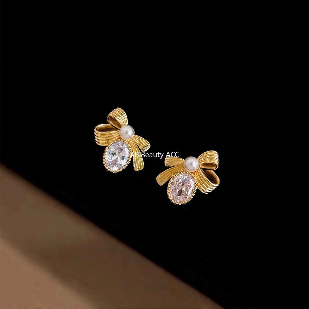 A廠-原創高級感微鑲鋯石925銀針蝴蝶結鵝蛋耳環 全新簡約輕奢風耳飾女「6913」25.10-2