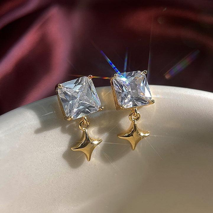 A廠-實物很閃! 925銀針鍍14K方形幾何鋯石星星耳環高級感優雅耳環「5040」24.10-4