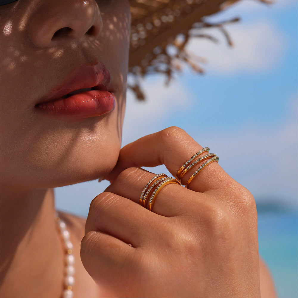 B廠-5A鋯石超細三層戒指不鏽鋼真空電鍍18K真金開口可調節飾品「A035-A043」25.04-4