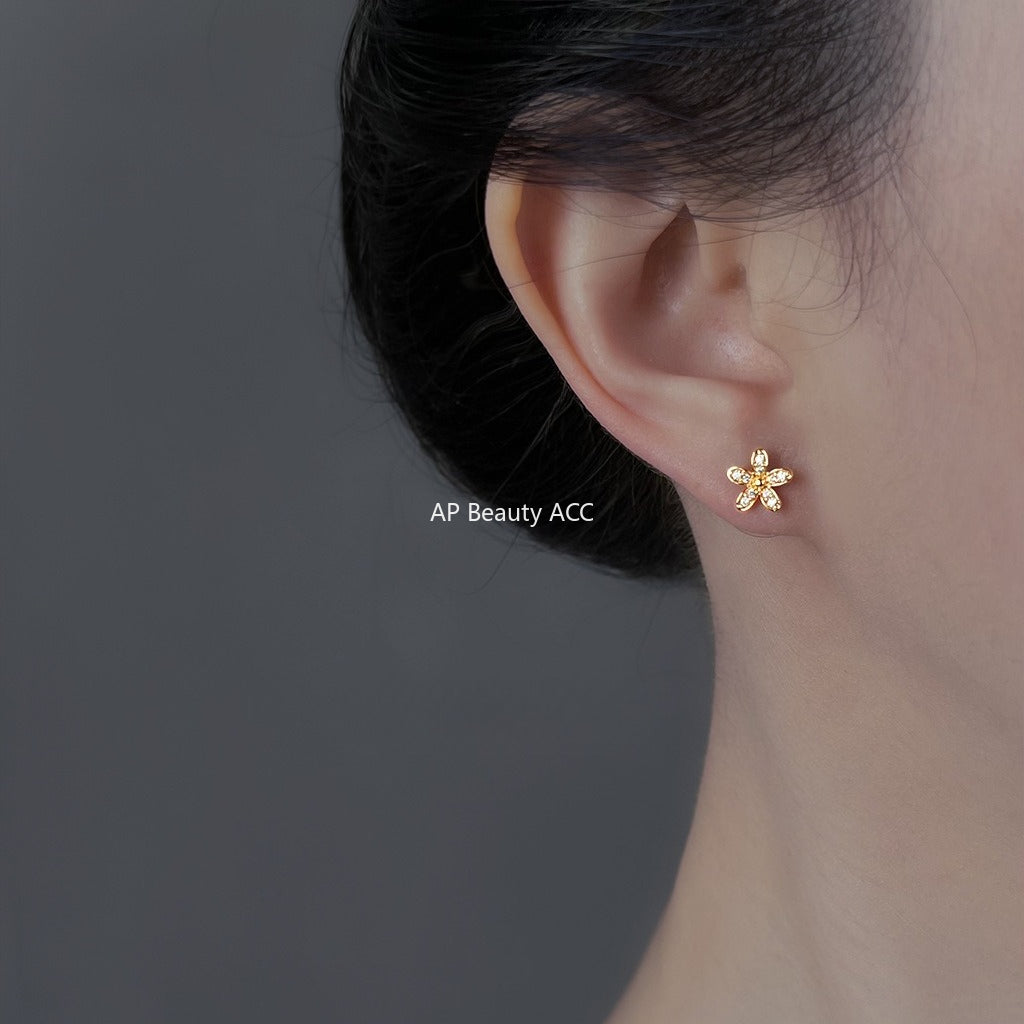 A廠-微鑲鋯石迷你版925銀針小花耳環 清新甜美簡約通勤百搭新款耳飾「6928」25.10-3