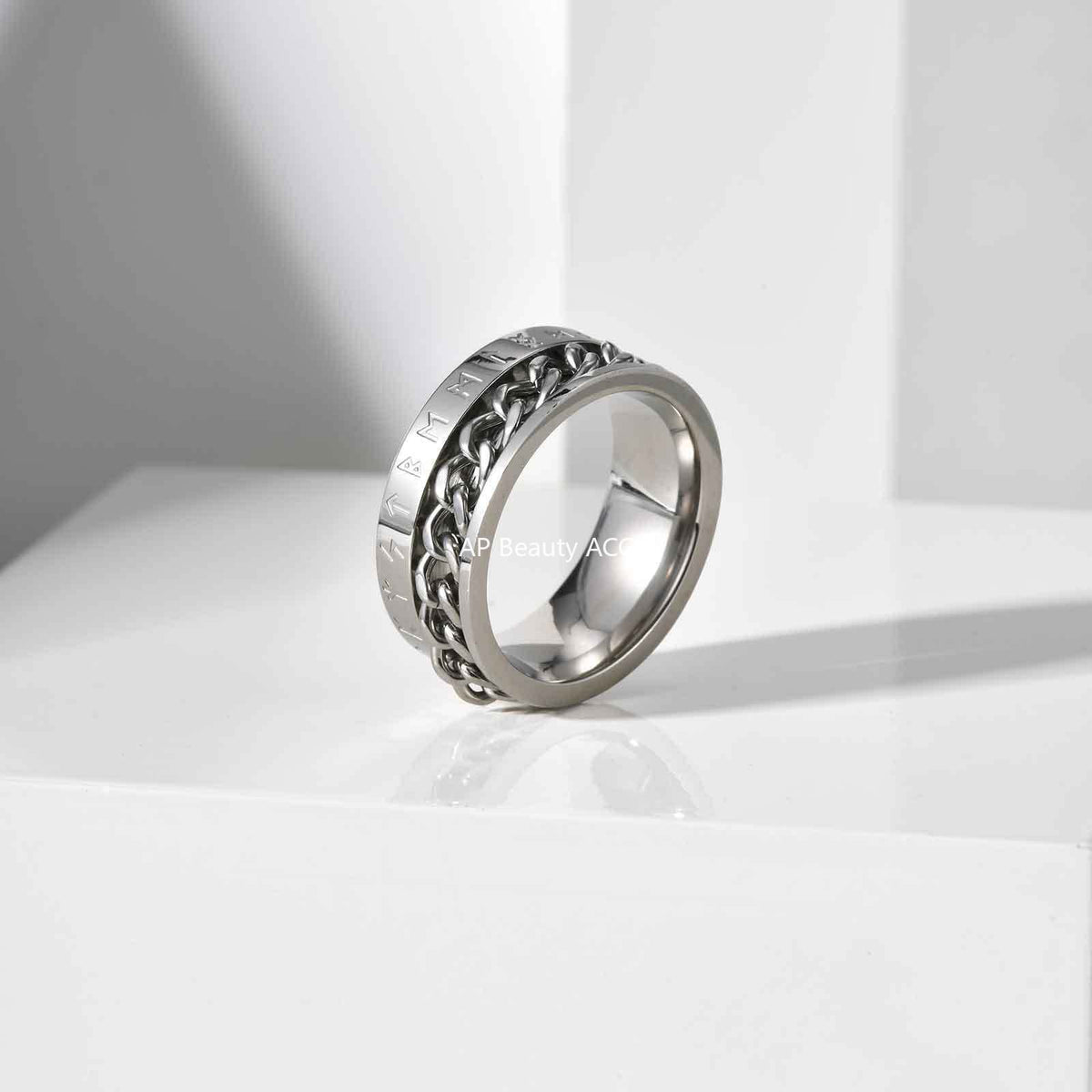 G廠-歐美時尚新款不鏽鋼維京盧恩文鏈條可轉動戒指金色「R-651」25.10-5