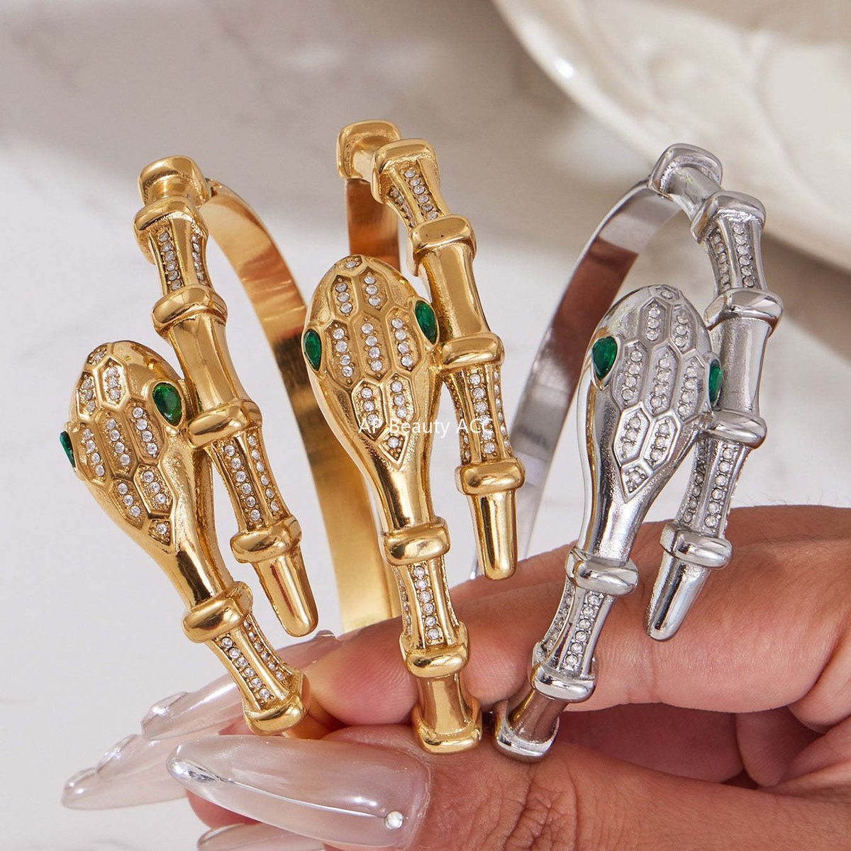 B廠-歐美新款雙豹子頭滿鑽5A鋯石開口彈力手鐲不鏽鋼鍍18k真金「Z506-Z507-Z508」25.10-5