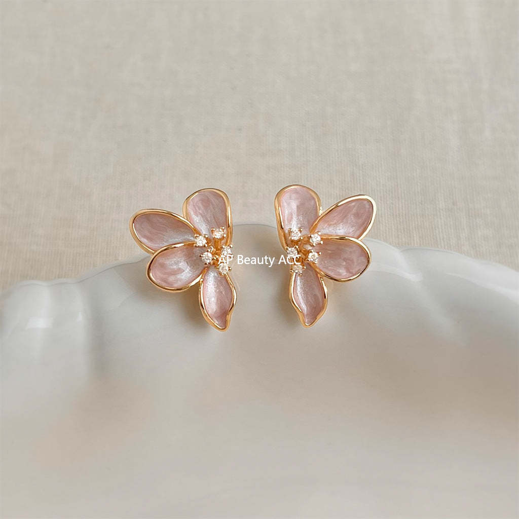 A廠-溫柔氣質微鑲鋯石925銀針清新甜美小香風琺瑯滴釉花朵耳環 耳飾女「6950」25.10-5