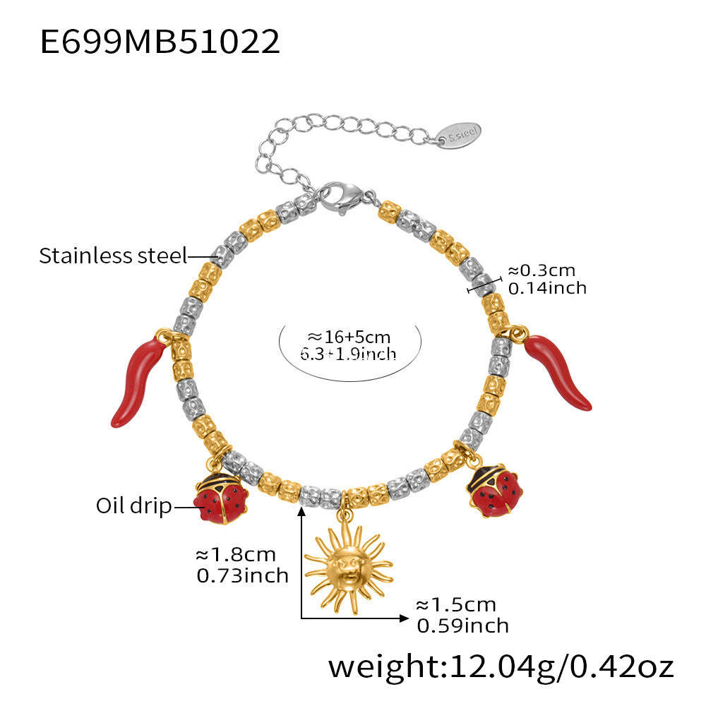 B廠-跨境新款不鏽鋼小辣椒太陽多配件壓紋鋼珠手鍊組合鍍18k金「E699-E700」25.10-5
