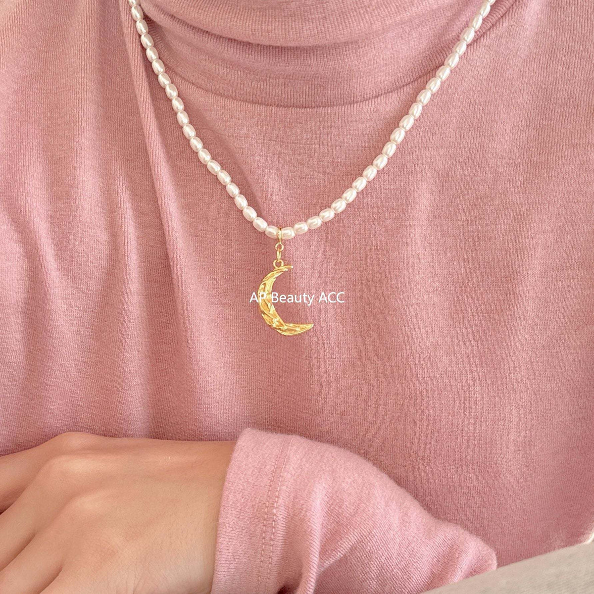F廠-韓國韓版飾品925純銀項鍊褶皺波紋月亮人造珍珠項鍊頸鏈「B869」25.10-5
