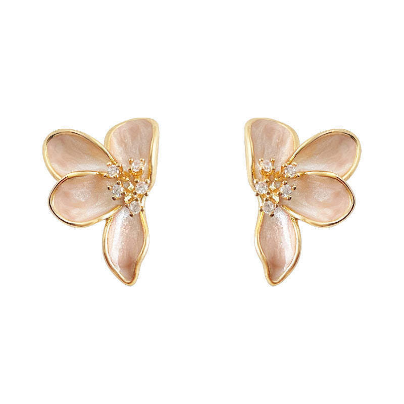 A廠-溫柔氣質微鑲鋯石925銀針清新甜美小香風琺瑯滴釉花朵耳環 耳飾女「6950」25.10-5