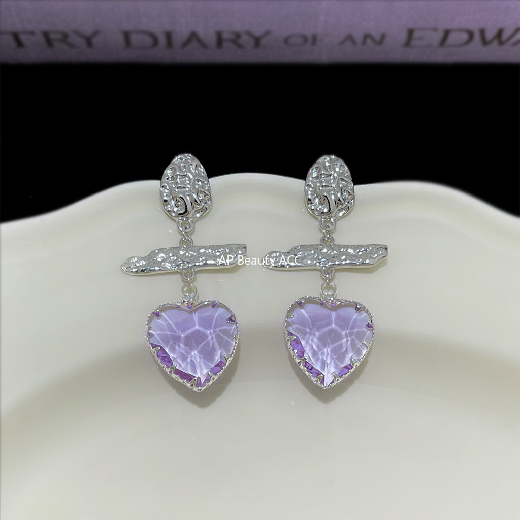 A廠-實物很美~清透高級感玻璃愛心水晶淡紫色氣質新款耳飾「6891」25.10-2
