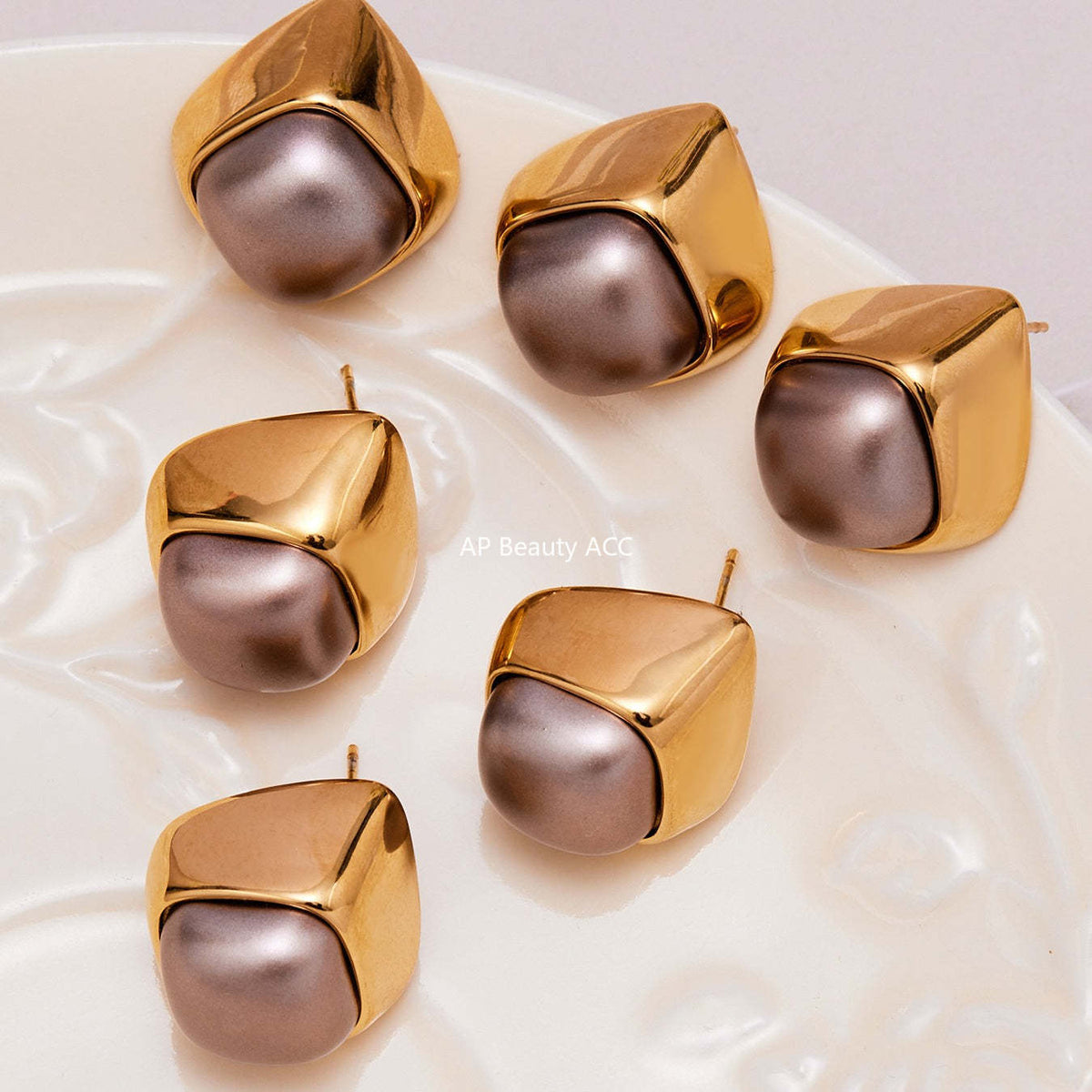 B廠-不鏽鋼幾何異形灰色仿珍珠耳釘小眾設計新款耳飾鍍18k真金「F629」25.10-5